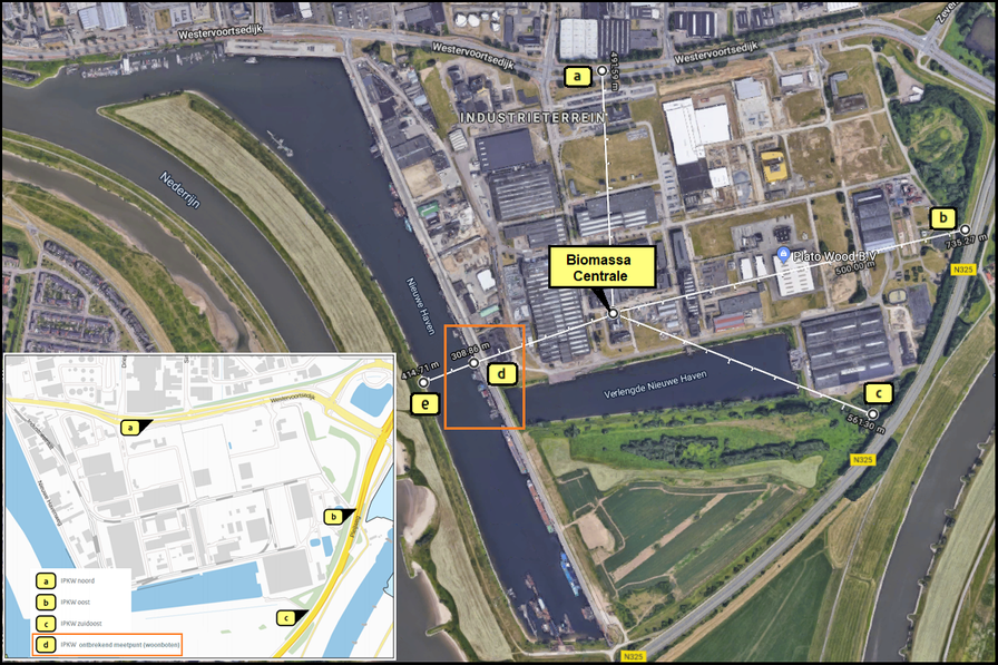 Kaart Biomassa-centrale IPKW Arnhem inclusief ontbrekende meetpunten bewoners Nieuwe haven