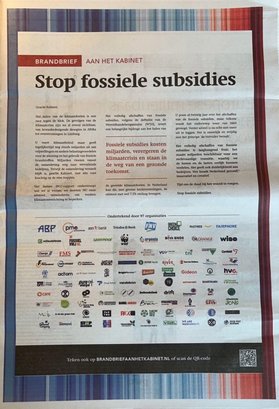 Brandbrief aan het Kabinet Stop Fossiele Subsidies Advertentie